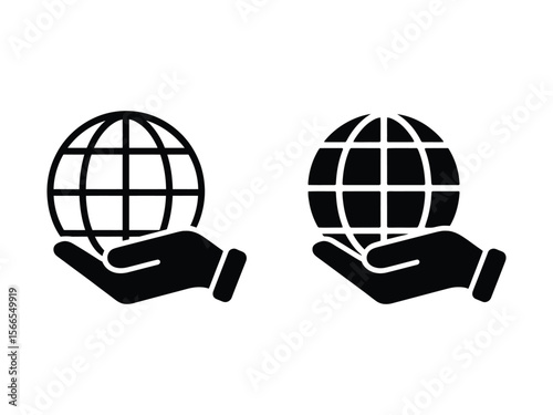 A minimalist black and white icon design showing two identical hands holding a globe
