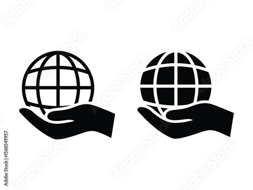 A minimalist black and white icon design showing two identical hands holding a globe