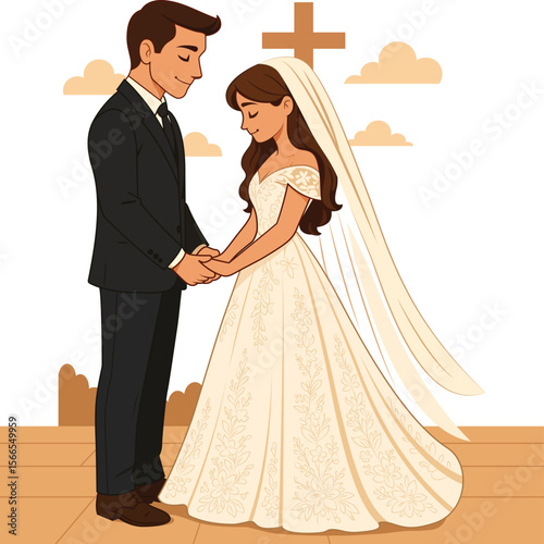 Christian Church Wedding Couple Illustration Bride in Gown and Groom in Suit Holding Hands