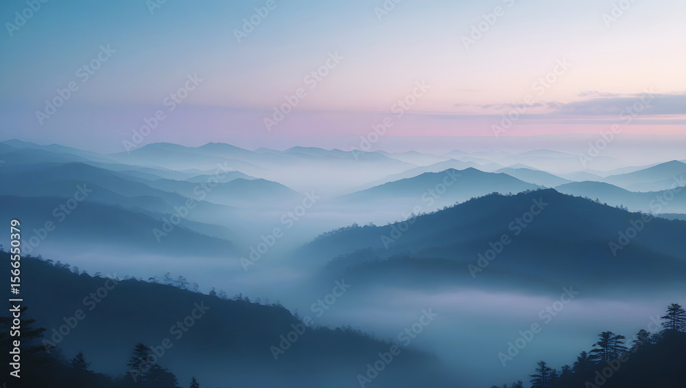 Fototapeta premium Scenic mountain landscape with layers of misty blue hills and atmospheric haze