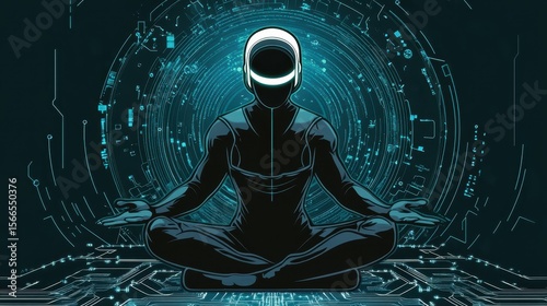 Futuristic Meditation in Digital Space with High-Tech Background