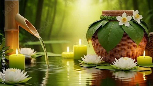 Serene spa scene with bamboo fountain, candles, and floral accents, evoking tranquility.