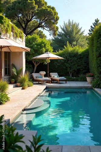 Wallpaper Mural Luxurious Mediterranean Poolside Oasis Cascading Water, Lush Landscaping, and Elegant Patio Furniture Perfect for Relaxation and Summer Entertaining Torontodigital.ca