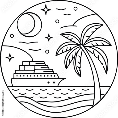 Stylized line art illustration of a cruise ship sailing on wavy water under a crescent moon and stars with a palm tree on a tropical island isolated on transparent background