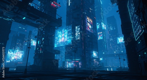 Cyberpunk Cityscape: Towering Buildings with Holographic Displays in a Futuristic Metropolis