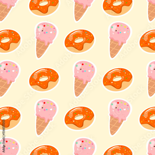 Donut and ice cream seamless pattern. Strawberry ice cream and orange glaze donut. Tasty and sweet desert. Can be used for print, wallpaper, paper wrapping and fashion fabric