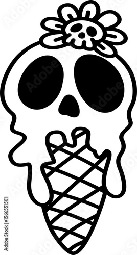 Hand drawn halloween groovy skull ice-cream outline doodle illustration