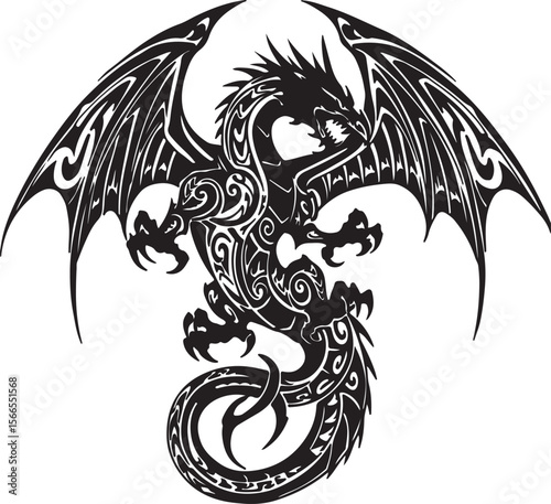 Fierce dragon tattoo design in Polynesian tribal style, black symmetrical patterns, extended wingspan and sharp spine Adobe Illustrator Artwork
