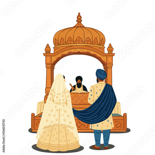 Sikh Bride and Groom Standing Before Guru Granth Sahib