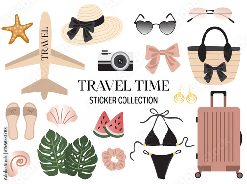 Illustration of summer stickers on a white background.