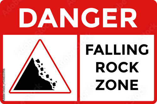 Danger Falling Rock Zone Sign. Danger Sign. Warning road sign falling stones. Yellow triangle signs. Road sign Caution landslide
