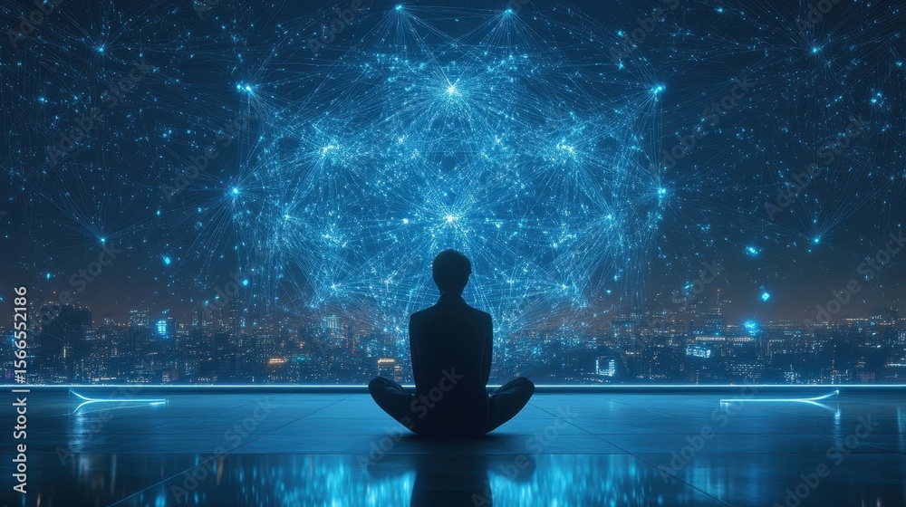 Fototapeta premium Person Meditating Against a Futuristic Network Cityscape Background