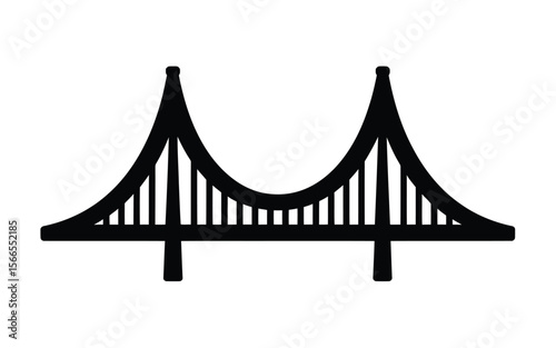 A minimalist black and white icon illustration of a suspension bridge