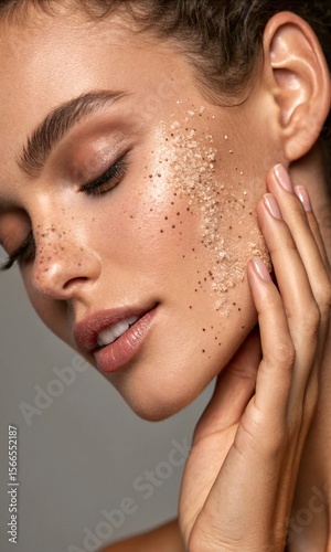 young woman applying mascara,Facial exfoliation shown with close-up of grainy scrub and circular hand motion.

