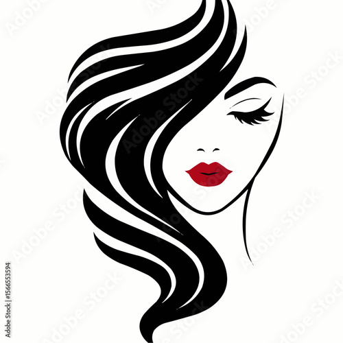  A close-up of a woman's face featuring long hair and striking red lips, exuding confidence and elegance