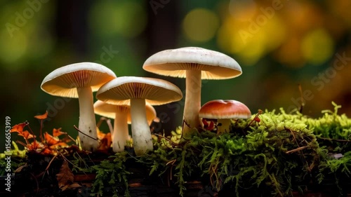 A cluster of wild mushrooms growing on a moss-covered log in an autumn forest with diffused light filtering through the colorful foliage.