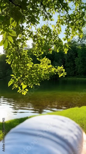 Scenic view of lakeside with trees, foliage and soft white object foreground under a vibrant blue sky with filtered sunlight.