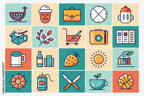 Collection of diverse flat design icons representing travel food and everyday objects