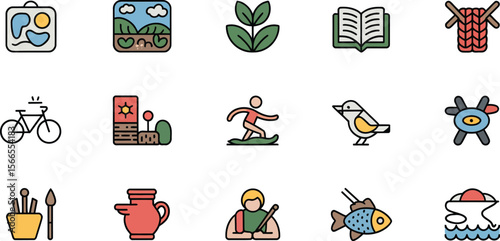Collection of flat design icons representing hobbies travel nature art and food