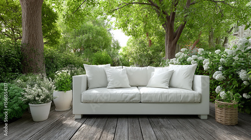 A serene white sofa invites relaxation on a rustic wooden deck amidst a vibrant green garden.