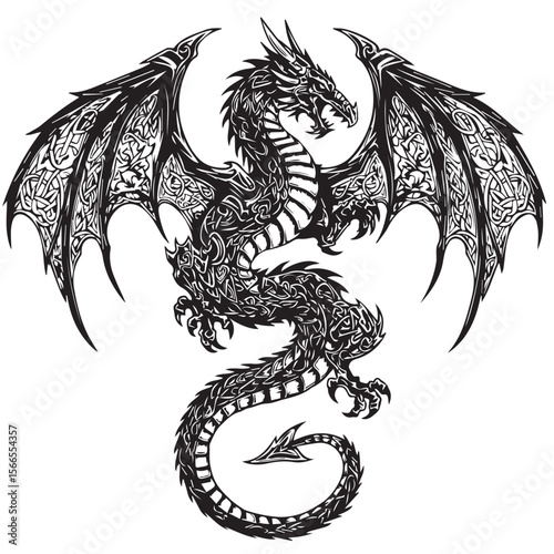 Viking-style dragon in tribal art, bold line illustration, runic and Nordic elements infused in wings and tail, monochrome Adobe Illustrator Artwork