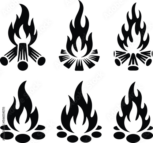 Collection of stylized black and white campfire icons representing different burning wood arrangements