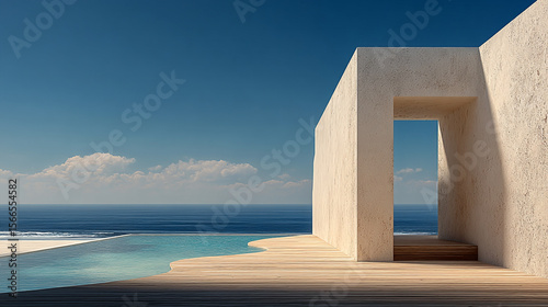 Modern minimalist architecture provides a serene gateway to an endless ocean horizon and a tranquil infinity pool.