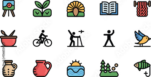 Collection of stylized icons representing various hobbies and outdoor activities