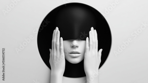 Elegant abstract image of a white figure with hands over eyes, framed by a striking black and white circular void.