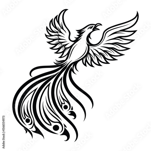 a black and white digital drawing of a phoenix.