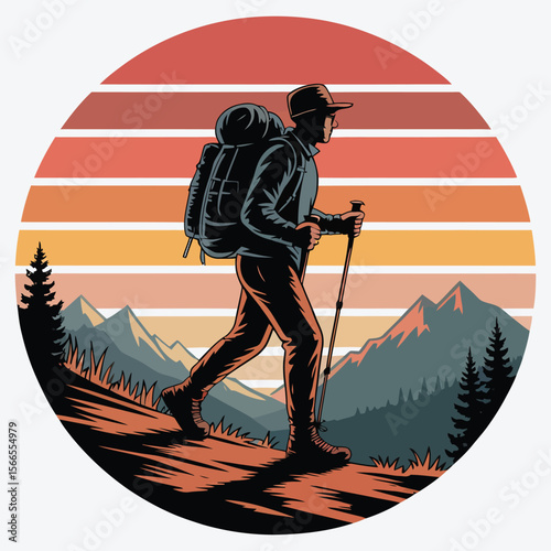 Hiker Ascending Mountain Path, Retro Sunset Style