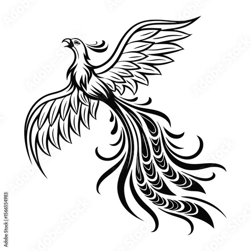 a black and white digital drawing of a phoenix.