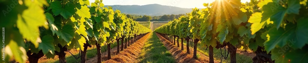 Obraz premium Sun-Drenched Hillside Vineyard Ripe Grapes Ready for Harvest. Picturesque rows of lush grapevines heavy with fruit, perfect for wine country imagery and autumnal harvest themes.