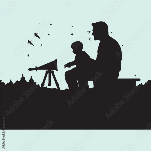 Stargazing Together Silhouette Icon Dad and Child Night Sky View