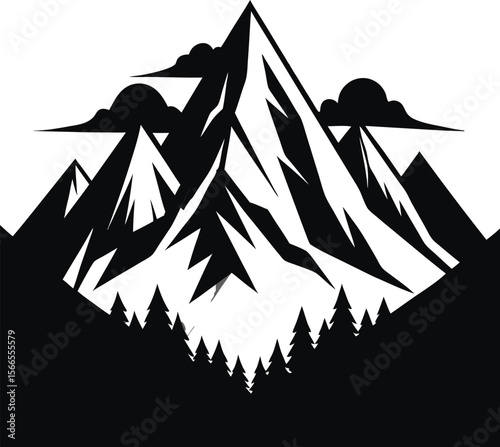 Striking black and white graphic of majestic mountain peaks with clouds and pine trees