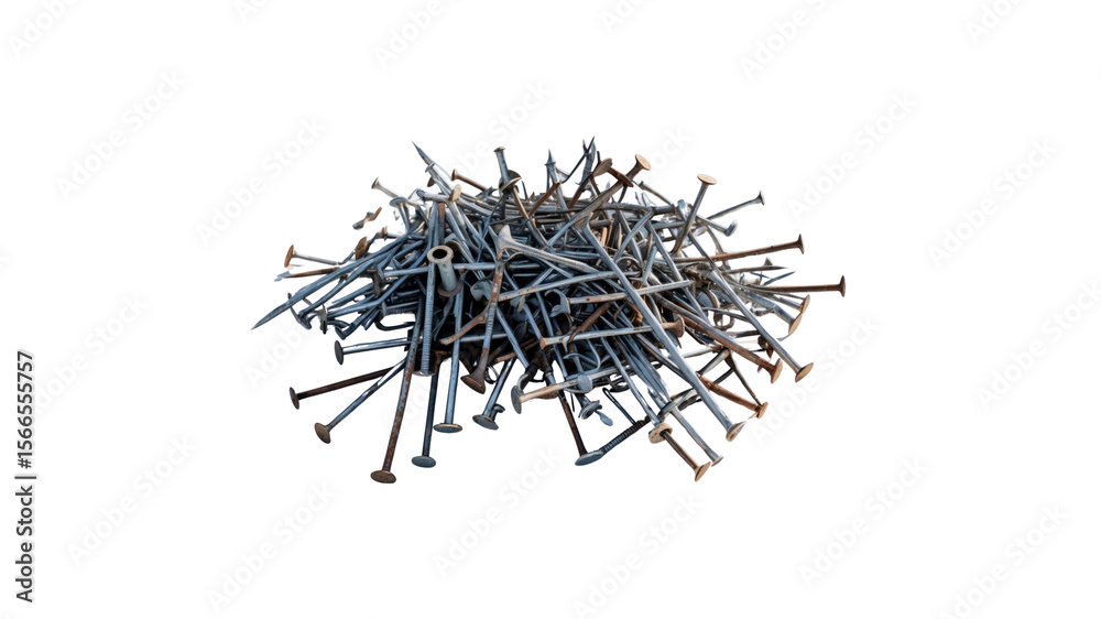 Fototapeta premium Pile of Rusty and Silver Nails on Transparent Background
