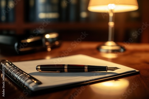 Elegant fountain pen on notebook with desk lamp