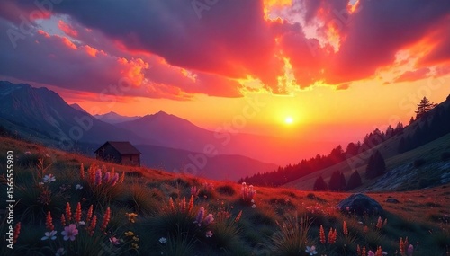 A serene sunrise paints the sky with vibrant hues as the day begins, casting a warm glow over a tranquil landscape Perfect for travel, nature, or inspirational projects , hues, journey, peaceful
