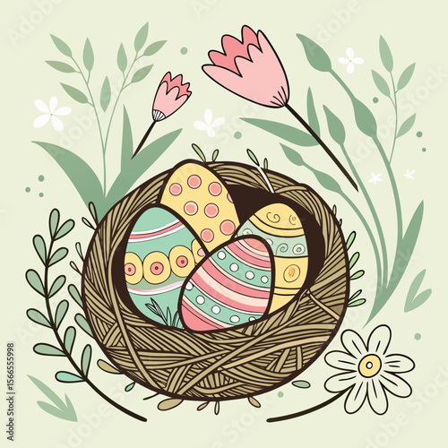  Colorful Easter Eggs in Nest with Spring Flowers - Holiday Decor 