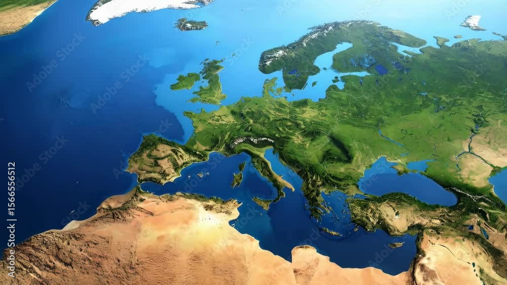 Overview of Europe and North Africa from a satellite perspective, showcasing diverse terrains, geographical features, and oceanic expanses
