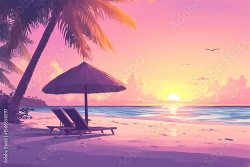 Two colorful beach chairs and a striped umbrella on a bright white background