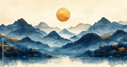 Elegant golden line art depicting three majestic mountains