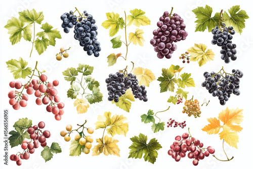 Vibrant collection of diverse grape varieties in multiple colors and styles