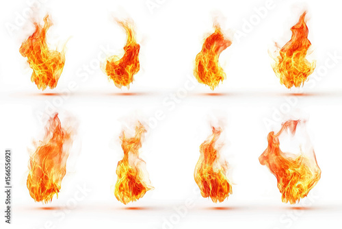 Collection of realistic fire flames isolated on a clean white background