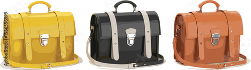 3D rendering of three identical vintage-style leather briefcases in yellow, black, and brown, isolated on white background.