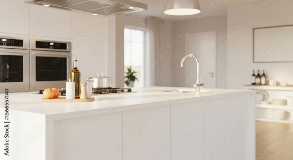 Modern Kitchen Interior with White Island and Cooking Elements Modern Kitchen Interior with White Island and Cooking Elements