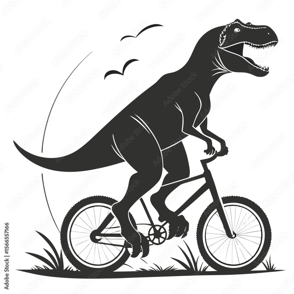 Fototapeta premium Tyrannosaurus Rex Riding Bicycle Silhouette Black White
