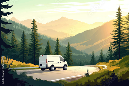 White minivan driving on a scenic winding mountain road with vibrant colors