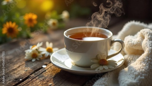 A steaming mug of calming chamomile tea sits on a rustic wooden table, next to a soft, plush blanket Perfect for a cozy evening of relaxation and tranquility , wood, evening
