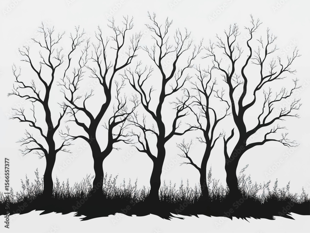 Fototapeta premium Elegant black silhouette of intricate tree branches with lush foliage